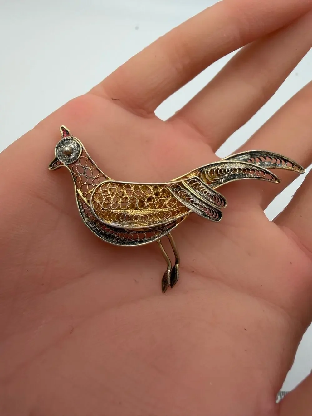 Vintage 800 Silver Filigree Bird Brooch 2.35
